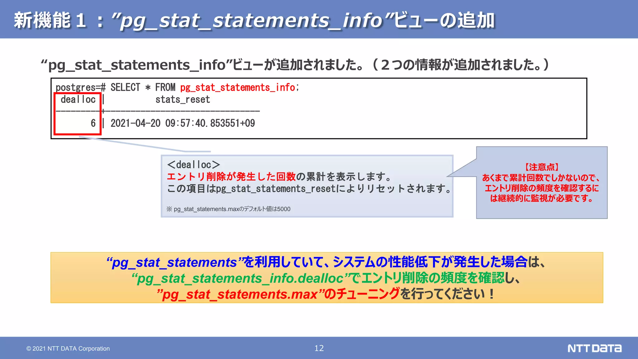 12
© 2021 NTT DATA Corporation
新機能１：”pg_stat_statements_info”ビューの追加
“pg_stat_statements_info”ビューが追加されました。（２つの情報が追加されました。）
postgres=# SELECT * FROM pg_stat_statements_info;
dealloc | stats_reset
---------+-------------------------------
6 | 2021-04-20 09:57:40.853551+09
＜dealloc＞
エントリ削除が発生した回数の累計を表示します。
この項目はpg_stat_statements_resetによりリセットされます。
※ pg_stat_statements.maxのデフォルト値は5000
【注意点】
あくまで累計回数でしかないので、
エントリ削除の頻度を確認するに
は継続的に監視が必要です。
“pg_stat_statements”を利用していて、システムの性能低下が発生した場合は、
“pg_stat_statements_info.dealloc”でエントリ削除の頻度を確認し、
”pg_stat_statements.max”のチューニングを行ってください！
 