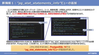 11
© 2021 NTT DATA Corporation
新機能１：”pg_stat_statements_info”ビューの追加
エントリ削除を行う際にはオーバヘッド（スキャン、ソート、削除処理）が発生しますが、処理中にエントリ全体をロック
してしまうため、他SQL実行があった際の統計情報登録時にロック待ちが生じます。
従って、エントリ削除が頻繁に発生するような場合には、深刻な性能劣化が発生する可能性があります。
※pg_stat_statements.cのエントリ削除箇所抜粋
性能劣化を発生させないためには、実運用の状況に応じて”pg_stat_statements.max”をチューニングする必要
がありますが、PostgreSQL 13以前では、エントリ数がmaxを超えた頻度を把握する手段がありません。
これに対応するために、PostgreSQL 14では
“pg_stat_statements_info”ビューが追加されました。
ソート
エントリ削除
スキャン
 