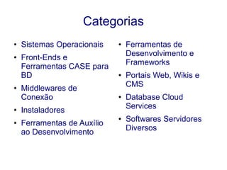 Categorias
● Sistemas Operacionais
● Front-Ends e
Ferramentas CASE para
BD
● Middlewares de
Conexão
● Instaladores
● Ferramentas de Auxílio
ao Desenvolvimento
● Ferramentas de
Desenvolvimento e
Frameworks
● Portais Web, Wikis e
CMS
● Database Cloud
Services
● Softwares Servidores
Diversos
 