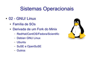 Sistemas Operacionais
● 02 - GNU/ Linux
● Família de SOs
● Derivada de um Fork do Minix
– RedHat/CentOS/Fedora/Scientific
– Debian GNU Linux
– Ubuntu
– SuSE e OpenSuSE
– Outros
 