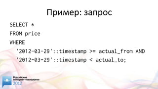 Пример: запрос
SELECT *
FROM price
WHERE
  '2012-03-29'::timestamp >= actual_from AND
  '2012-03-29'::timestamp < actual_to;
 