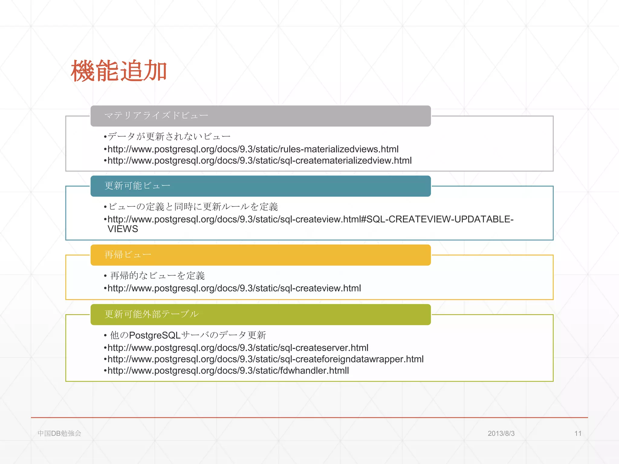 機能追加
•データが更新されないビュー
•http://www.postgresql.org/docs/9.3/static/rules-materializedviews.html
•http://www.postgresql.org/docs/9.3/static/sql-creatematerializedview.html
マテリアライズドビュー
•ビューの定義と同時に更新ルールを定義
•http://www.postgresql.org/docs/9.3/static/sql-createview.html#SQL-CREATEVIEW-UPDATABLE-
VIEWS
更新可能ビュー
• 再帰的なビューを定義
•http://www.postgresql.org/docs/9.3/static/sql-createview.html
再帰ビュー
• 他のPostgreSQLサーバのデータ更新
•http://www.postgresql.org/docs/9.3/static/sql-createserver.html
•http://www.postgresql.org/docs/9.3/static/sql-createforeigndatawrapper.html
•http://www.postgresql.org/docs/9.3/static/fdwhandler.htmll
更新可能外部テーブル
2013/8/3中国DB勉強会 11
 