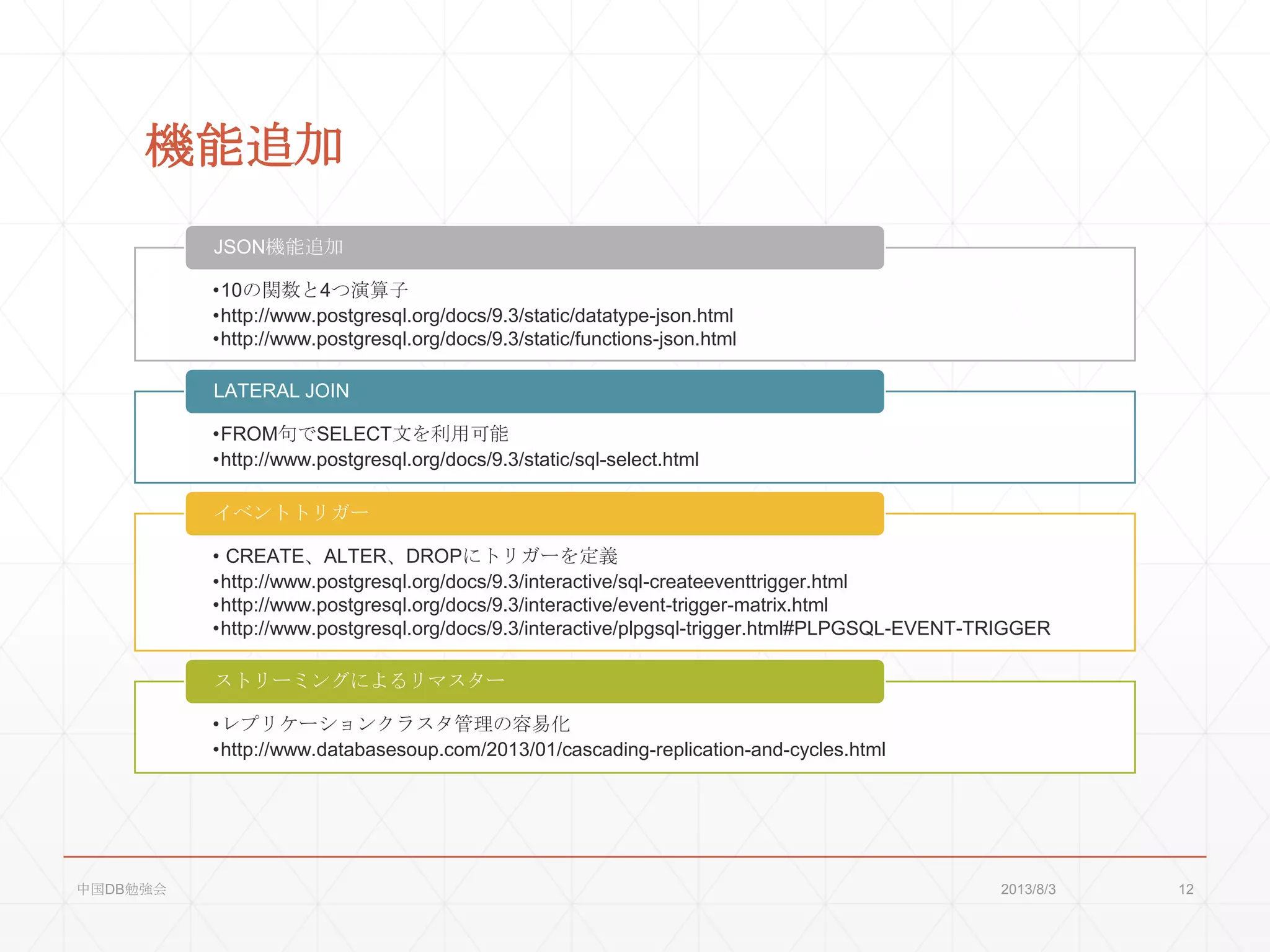機能追加
•10の関数と4つ演算子
•http://www.postgresql.org/docs/9.3/static/datatype-json.html
•http://www.postgresql.org/docs/9.3/static/functions-json.html
JSON機能追加
•FROM句でSELECT文を利用可能
•http://www.postgresql.org/docs/9.3/static/sql-select.html
LATERAL JOIN
• CREATE、ALTER、DROPにトリガーを定義
•http://www.postgresql.org/docs/9.3/interactive/sql-createeventtrigger.html
•http://www.postgresql.org/docs/9.3/interactive/event-trigger-matrix.html
•http://www.postgresql.org/docs/9.3/interactive/plpgsql-trigger.html#PLPGSQL-EVENT-TRIGGER
イベントトリガー
•レプリケーションクラスタ管理の容易化
•http://www.databasesoup.com/2013/01/cascading-replication-and-cycles.html
ストリーミングによるリマスター
2013/8/3中国DB勉強会 12
 
