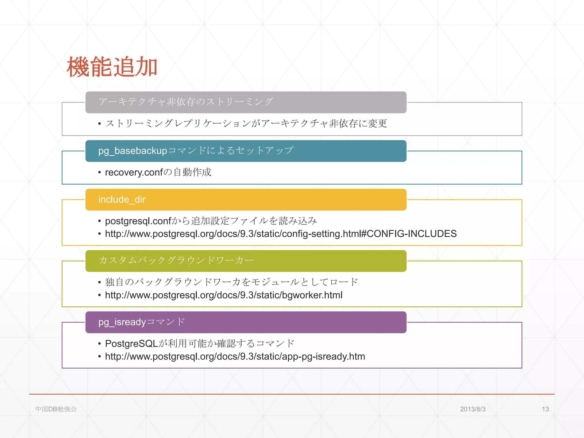 機能追加
• ストリーミングレプリケーションがアーキテクチャ非依存に変更
アーキテクチャ非依存のストリーミング
• recovery.confの自動作成
pg_basebackupコマンドによるセットアップ
• postgresql.confから追加設定ファイルを読み込み
• http://www.postgresql.org/docs/9.3/static/config-setting.html#CONFIG-INCLUDES
include_dir
• 独自のバックグラウンドワーカをモジュールとしてロード
• http://www.postgresql.org/docs/9.3/static/bgworker.html
カスタムバックグラウンドワーカー
• PostgreSQLが利用可能か確認するコマンド
• http://www.postgresql.org/docs/9.3/static/app-pg-isready.htm
pg_isreadyコマンド
2013/8/3中国DB勉強会 13
 