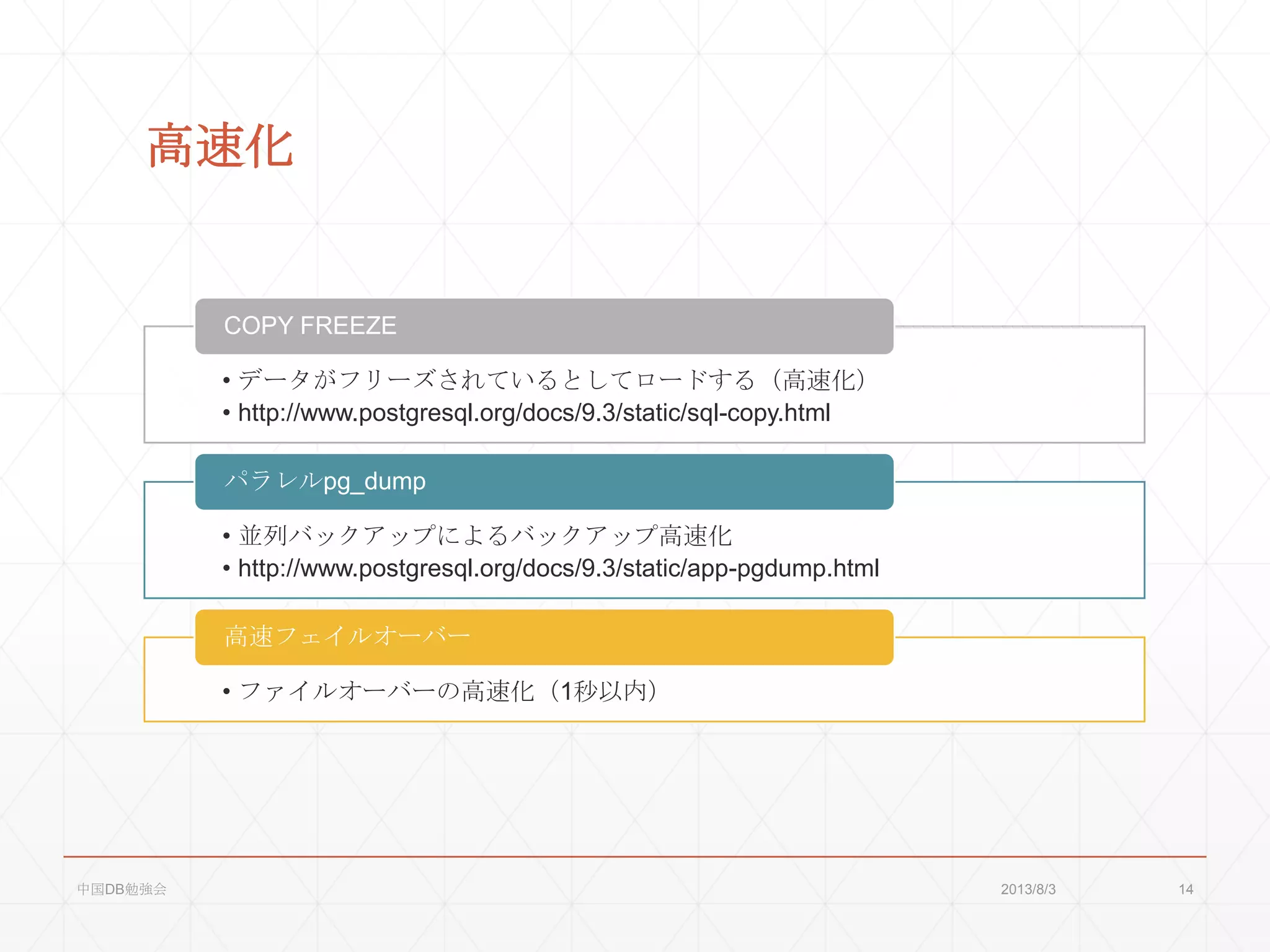 高速化
• データがフリーズされているとしてロードする（高速化）
• http://www.postgresql.org/docs/9.3/static/sql-copy.html
COPY FREEZE
• 並列バックアップによるバックアップ高速化
• http://www.postgresql.org/docs/9.3/static/app-pgdump.html
パラレルpg_dump
• ファイルオーバーの高速化（1秒以内）
高速フェイルオーバー
2013/8/3中国DB勉強会 14
 