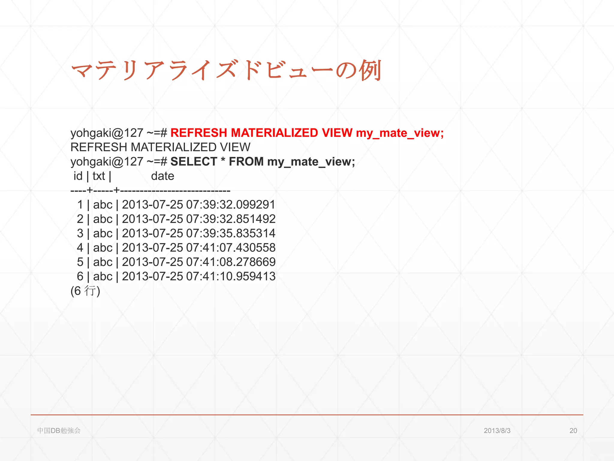 マテリアライズドビューの例
yohgaki@127 ~=# REFRESH MATERIALIZED VIEW my_mate_view;
REFRESH MATERIALIZED VIEW
yohgaki@127 ~=# SELECT * FROM my_mate_view;
id | txt | date
----+-----+----------------------------
1 | abc | 2013-07-25 07:39:32.099291
2 | abc | 2013-07-25 07:39:32.851492
3 | abc | 2013-07-25 07:39:35.835314
4 | abc | 2013-07-25 07:41:07.430558
5 | abc | 2013-07-25 07:41:08.278669
6 | abc | 2013-07-25 07:41:10.959413
(6 行)
2013/8/3中国DB勉強会 20
 