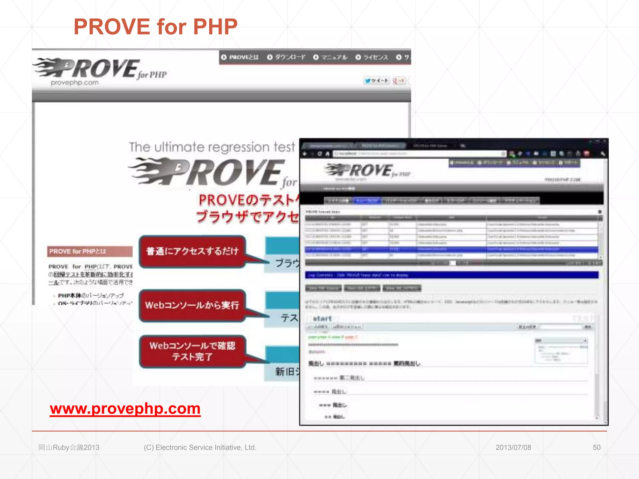 PROVE for PHP
2013/07/08岡山Ruby会議2013 (C) Electronic Service Initiative, Ltd. 50
www.provephp.com
 