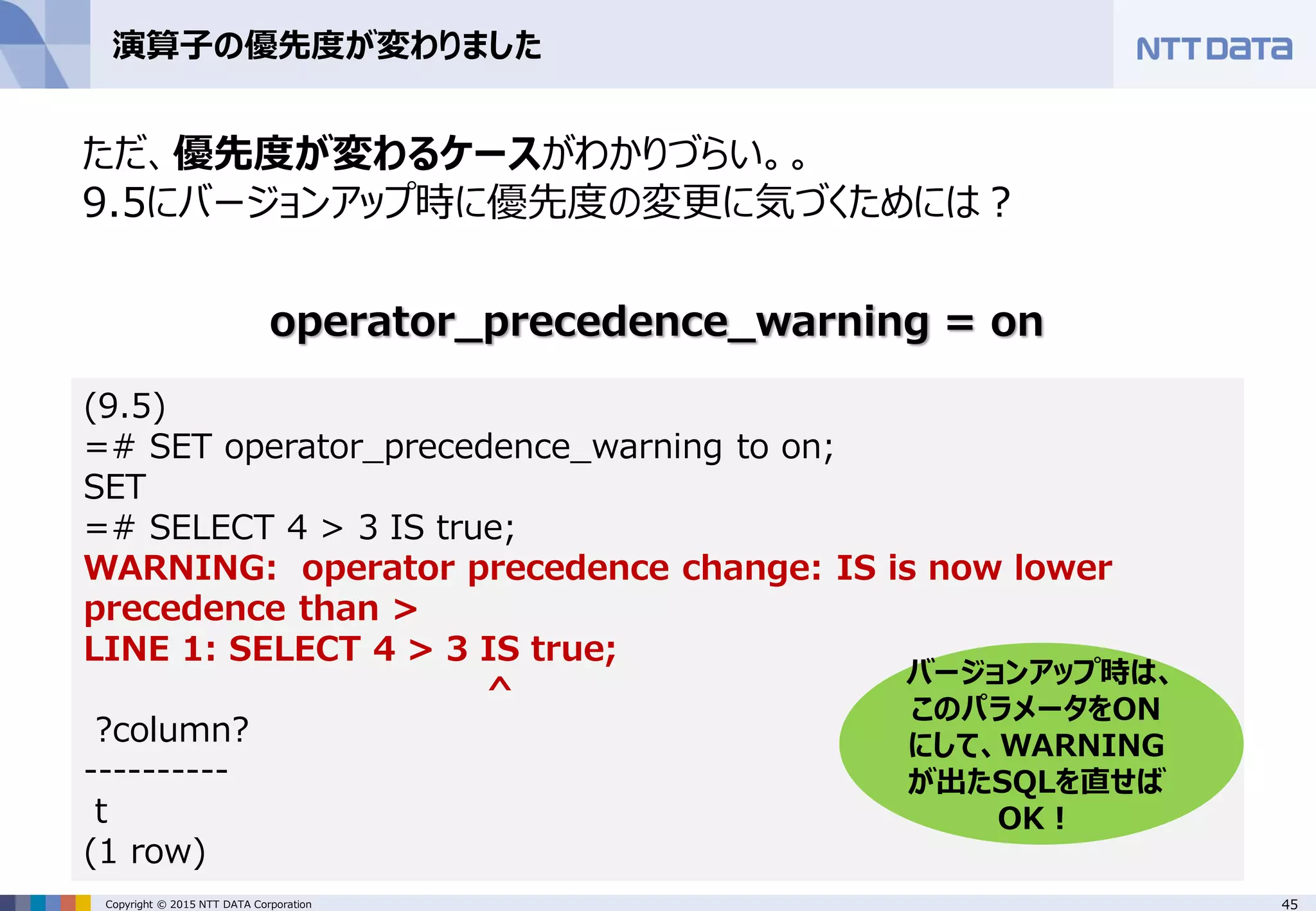 45Copyright © 2015 NTT DATA Corporation 演算子の優先度が変わりました ただ、優先度が変わるケースがわかりづらい。。 9.5にバージョンアップ時に優先度の変更に気づくためには？ operator_precedence_warning = on (9.5) =# SET operator_precedence_warning to on; SET =# SELECT 4 > 3 IS true; WARNING: operator precedence change: IS is now lower precedence than > LINE 1: SELECT 4 > 3 IS true; ^ ?column? ---------- t (1 row) バージョンアップ時は、 このパラメータをON にして、WARNING が出たSQLを直せば OK！ 