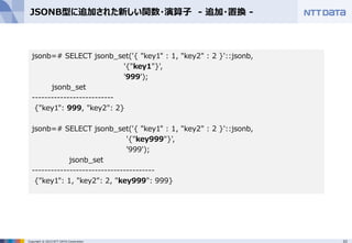 33Copyright © 2015 NTT DATA Corporation
JSONB型に追加された新しい関数・演算子 - 追加・置換 -
jsonb=# SELECT jsonb_set('{ "key1" : 1, "key2" : 2 }'::jsonb,
'{"key1"}',
'999');
jsonb_set
--------------------------
{"key1": 999, "key2": 2}
jsonb=# SELECT jsonb_set('{ "key1" : 1, "key2" : 2 }'::jsonb,
'{"key999"}',
'999');
jsonb_set
---------------------------------------
{"key1": 1, "key2": 2, "key999": 999}
 