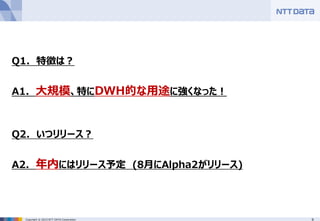 9Copyright © 2015 NTT DATA Corporation
Q1. 特徴は？
A1. 大規模、特にDWH的な用途に強くなった！
Q2. いつリリース？
A2. 年内にはリリース予定 (8月にAlpha2がリリース)
 