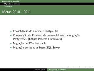 PostgreSQL `a la Debian
Migra¸c˜ao de Software
Situa¸c˜ao
Metas 2010 - 2011
• Consolida¸c˜ao do ambiente PostgreSQL
• Composi¸c˜ao do Processo de desenvolvimento e migra¸c˜ao
PostgreSQL (Eclipse Process Framework)
• Migra¸c˜ao de 30% do Oracle
• Migra¸c˜ao de todas as bases SQL Server
Leonardo Cezar PostgreSQL `a la Debian
 