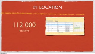 #1 LOCATION



                          112 000
                           locations




Tuesday, January 15, 13
 