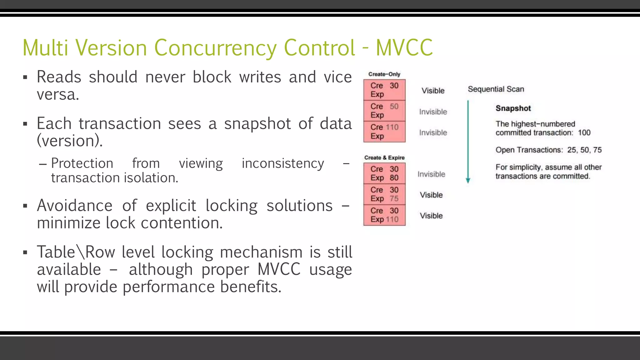 Multi Version Concurrency Control - MVCC
▪ Reads should never block writes and vice
versa.
▪ Each transaction sees a snapshot of data
(version).
– Protection from viewing inconsistency –
transaction isolation.
▪ Avoidance of explicit locking solutions –
minimize lock contention.
▪ TableRow level locking mechanism is still
available – although proper MVCC usage
will provide performance benefits.
 
