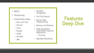 Features
Deep Dive
▪ MVCC
▪ Partitioning
▪ Useful Data Types
– Date and Time
– Interval
– Array
– Ranges
– JSON
– HSTORE
– XML
▪ PostGIS –
Geographic
▪ Full Text Search
▪ Server Side
Programming
▪ Backup and Restore
▪ High Availability,
Load Balancing and
Replication
– Sharding
▪ Big Data Readiness
 