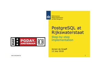 Step-by-step
implementation
Jeroen de Graaff
PostgreSQL at
Rijkswaterstaat
12 July 2018
RWS INFORMATIE 1
 