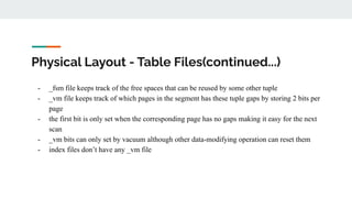 Physical Layout - Table Files(continued...)
- _fsm file keeps track of the free spaces that can be reused by some other tuple
- _vm file keeps track of which pages in the segment has these tuple gaps by storing 2 bits per
page
- the first bit is only set when the corresponding page has no gaps making it easy for the next
scan
- _vm bits can only set by vacuum although other data-modifying operation can reset them
- index files don’t have any _vm file
 