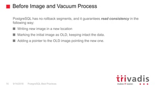 Before Image and Vacuum Process
PostgreSQL has no rollback segments, and it guarantees read consistency in the
following way:
Writing new image in a new location
Marking the initial image as OLD, keeping intact the data.
Adding a pointer to the OLD image pointing the new one.
PostgreSQL Best Practices9/14/201810
 
