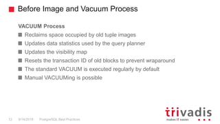 Before Image and Vacuum Process
PostgreSQL Best Practices9/14/201812
VACUUM Process
Reclaims space occupied by old tuple images
Updates data statistics used by the query planner
Updates the visibility map
Resets the transaction ID of old blocks to prevent wraparound
The standard VACUUM is executed regularly by default
Manual VACUUMing is possible
 