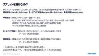 © 2024 NTT DATA Group Corporation 19
スプリットを避ける操作
挿入時にページが埋まっていて挿入できないとき、できるだけSplitを操作を避けるため３つの操作が行われる
単純削除(Simple deletion)、ボトムアップ削除(Bottom-Up deletion)、重複削除(deduplication)
単純削除：削除フラグがついたキー値をすべて削除
それに加えて削除フラグがついたものの近くのタプルで削除できるものが見つかれば削除
(削除フラグがついたものの近くのタプルを調べる操作は非常に安価)
ページの占有ロックを取り、該当のタプルを削除
ボトムアップ削除：更新されたものについて古いバージョンのものの削除を目指す
（バージョン14以降で実装）
重複削除：重複したインデックスタプルを効率の良い表現に変換しサイズを縮小
（バージョン13以降で実装）
上から順に行い、挿入可能な領域が空けば終了し挿入へ
これらの操作後にクイックソートを行い空き領域は詰めて、ソート済みのものが並ぶ
 