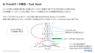 © 2024 NTT DATA Group Corporation 9
B-Treeのデータ構造 - Fast Root
レコードの挿入や削除を繰り返した結果メタページから１階層ずつ降下するのが非効率になる場合がある
(その階層にページが１つしかない場合、そのページは削除されないため階層の数が減ることはない)
メタページは子を2つ以上持つページのうち最上層にあるものをFast Rootとしてリンクを持つ
探索や挿入操作などでメタページから降下する場合はそのリンクを用いてメタページからFast Rootへ降下する
このリンクを用いて
下の階層へ降りる
このページがFast Rootとなる
これらのリンクも
保持はされるが使われない
ページの分割や削除で
Fast Rootが変更となる場合は
Fast Rootへのリンクを変更する
 
