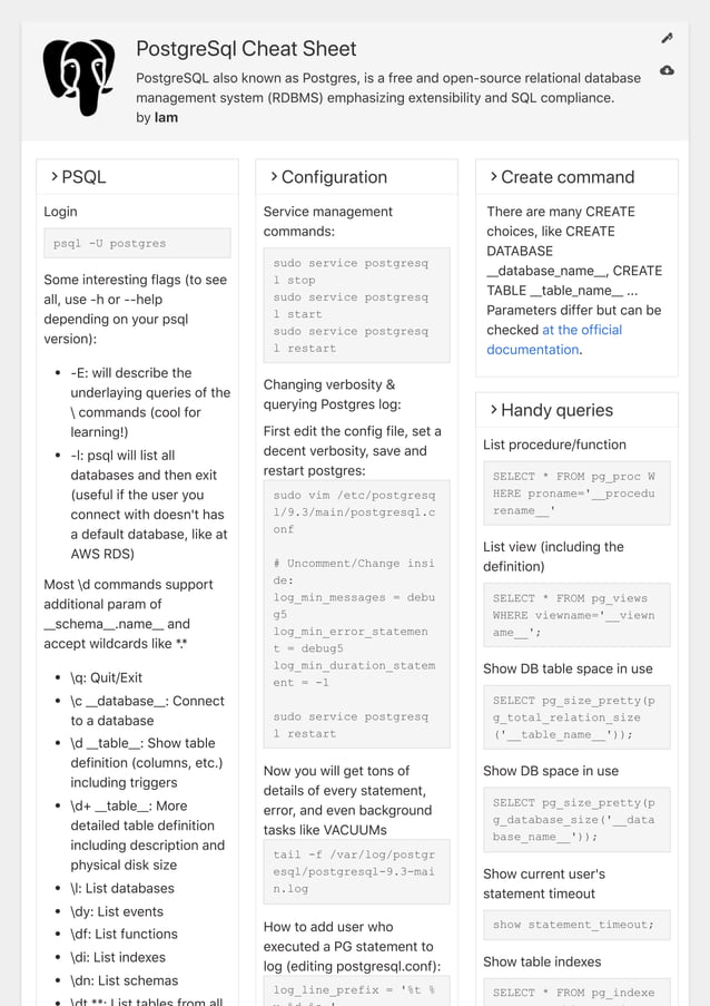 PostgreSql cheat sheet | PDF