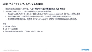 © 2025 NTT DATA Group Corporation 34
近似インデックス＋フィルタリングの課題
• HNSWなどの近似インデックスでは、インデックスがスキャンされた後にフィルタリングされる
• フィルタリング条件によっては、返される結果が少なくなる可能性がある
• 例えばフィルタ条件が行の 10% に一致する場合、デフォルトhnsw.ef_searchの 40 では、4 件のみ取得
• フィルタ条件に指定した集団がターゲットベクトルの近くにない場合、結果が0件になる可能性も
• 十分検索結果を得るには、 取得数（hnsw.ef_search）を増やして検索範囲を広げるしかなかった。
対策
1. 部分インデックス
2. パーティション分割
3. Iterative Index Scans （反復インデックススキャン）
 