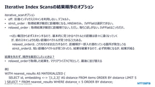 © 2025 NTT DATA Group Corporation 37
Iterative Index Scansの結果順序のオプション
iterative_scanオプション
• off: 反復インデックススキャンを利用しない。デフォルト。
• strict_order：取得結果が厳密に距離順になる。HNSWのみ。 IVFFlatは選択できない。
• relaxed_order：取得結果が厳密に距離順でない。ただし、取りこぼしがない。IVFFlatはこっちだけ。
⇒近い集団からまずスキャンするので、基本的に見つかるベクトルとの距離は徐々に遠くなっていく
が、前のスキャンよりも短い距離のベクトルが見つかることもある。
relaxed_orderは、これをそのまま出力するので、距離順が一部入れ替わっている箇所が発生しうる
strict_orderは、短い距離のベクトルが見つかったら、結果を破棄するので、必ず昇順になるが、結果が減る
結果を失わず、順序を厳密にしたいときは？
• relaxed_orderで取得した結果を、マテリアライズドCTEとして、最後に並び替える
例）
WITH nearest_results AS MATERIALIZED (
SELECT id, embedding <-> '[1,2,3]' AS distance FROM items ORDER BY distance LIMIT 5
) SELECT * FROM nearest_results WHERE distance < 5 ORDER BY distance;
 