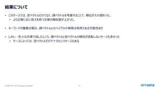 © 2025 NTT DATA Group Corporation 52
結果について
• このケースでは、密ベクトルだけでなく、疎ベクトルを考慮することで、順位が入れ替わった。
• より正解に近い答えを持つ文章の類似度が上がった。
• キーワードが重要な場合、疎ベクトルとのハイブリッド検索は有用である可能性あり
• しかし…色々な文章で試したところ、疎ベクトルと密ベクトルの順位が逆転しないケースも多かった
• ケースによっては、密ベクトルだけで十分というケースもある
 