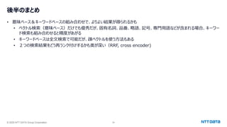 © 2025 NTT DATA Group Corporation 54
後半のまとめ
• 意味ベース＆キーワードベースの組み合わせで、よりよい結果が得られるかも
• ベクトル検索（意味ベース）だけでも優秀だが、固有名詞、品番、略語、記号、専門用語などが含まれる場合、キーワー
ド検索も組み合わせると精度があがる
• キーワードベースは全文検索で可能だが、疎ベクトルを使う方法もある
• ２つの検索結果をどう再ランク付けするかも奥が深い（RRF, cross encoder)
 