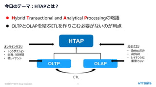 © 2025 NTT DATA Group Corporation 6
今日のテーマ：HTAPとは？
⚫ Hybrid Transactional and Analytical Processingの略語
⚫ OLTPとOLAPを結ぶETLを作りこむ必要がないのが利点
HTAP
OLTP OLAP
オンラインクエリ
• トランザクション
• 単発、短時間
• 低レイテンシ
ETL
分析クエリ
• Selectのみ
• 高負荷
• レイテンシは
重要でない
 