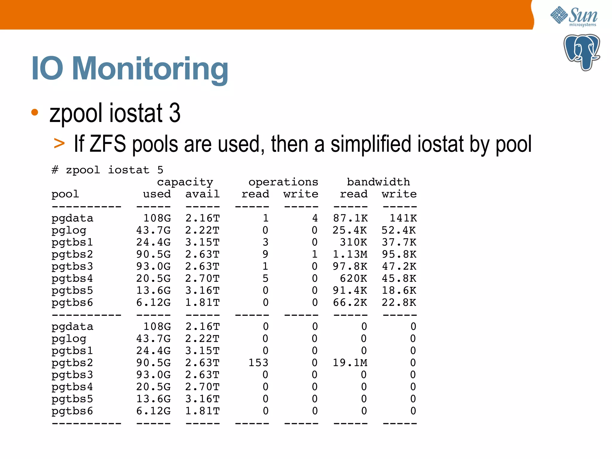 IO Monitoring • zpool iostat 3 > If ZFS pools are used, then a simplified iostat by pool # zpool iostat 5 capacity operations bandwidth pool used avail read write read write ---------- ----- ----- ----- ----- ----- ----- pgdata 108G 2.16T 1 4 87.1K 141K pglog 43.7G 2.22T 0 0 25.4K 52.4K pgtbs1 24.4G 3.15T 3 0 310K 37.7K pgtbs2 90.5G 2.63T 9 1 1.13M 95.8K pgtbs3 93.0G 2.63T 1 0 97.8K 47.2K pgtbs4 20.5G 2.70T 5 0 620K 45.8K pgtbs5 13.6G 3.16T 0 0 91.4K 18.6K pgtbs6 6.12G 1.81T 0 0 66.2K 22.8K ---------- ----- ----- ----- ----- ----- ----- pgdata 108G 2.16T 0 0 0 0 pglog 43.7G 2.22T 0 0 0 0 pgtbs1 24.4G 3.15T 0 0 0 0 pgtbs2 90.5G 2.63T 153 0 19.1M 0 pgtbs3 93.0G 2.63T 0 0 0 0 pgtbs4 20.5G 2.70T 0 0 0 0 pgtbs5 13.6G 3.16T 0 0 0 0 pgtbs6 6.12G 1.81T 0 0 0 0 ---------- ----- ----- ----- ----- ----- ----- 