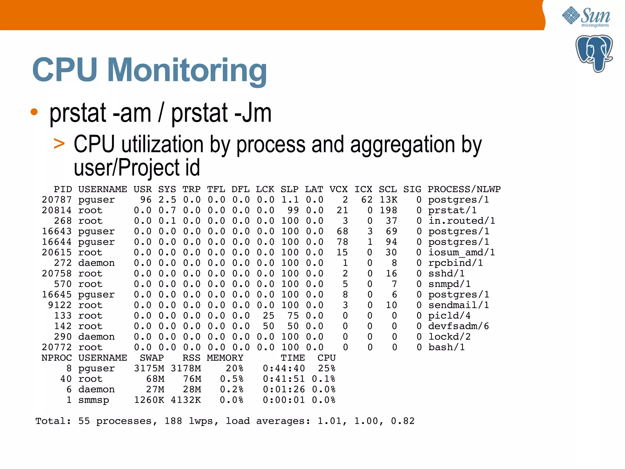CPU Monitoring • prstat -am / prstat -Jm > CPU utilization by process and aggregation by user/Project id PID USERNAME USR SYS TRP TFL DFL LCK SLP LAT VCX ICX SCL SIG PROCESS/NLWP 20787 pguser 96 2.5 0.0 0.0 0.0 0.0 1.1 0.0 2 62 13K 0 postgres/1 20814 root 0.0 0.7 0.0 0.0 0.0 0.0 99 0.0 21 0 198 0 prstat/1 268 root 0.0 0.1 0.0 0.0 0.0 0.0 100 0.0 3 0 37 0 in.routed/1 16643 pguser 0.0 0.0 0.0 0.0 0.0 0.0 100 0.0 68 3 69 0 postgres/1 16644 pguser 0.0 0.0 0.0 0.0 0.0 0.0 100 0.0 78 1 94 0 postgres/1 20615 root 0.0 0.0 0.0 0.0 0.0 0.0 100 0.0 15 0 30 0 iosum_amd/1 272 daemon 0.0 0.0 0.0 0.0 0.0 0.0 100 0.0 1 0 8 0 rpcbind/1 20758 root 0.0 0.0 0.0 0.0 0.0 0.0 100 0.0 2 0 16 0 sshd/1 570 root 0.0 0.0 0.0 0.0 0.0 0.0 100 0.0 5 0 7 0 snmpd/1 16645 pguser 0.0 0.0 0.0 0.0 0.0 0.0 100 0.0 8 0 6 0 postgres/1 9122 root 0.0 0.0 0.0 0.0 0.0 0.0 100 0.0 3 0 10 0 sendmail/1 133 root 0.0 0.0 0.0 0.0 0.0 25 75 0.0 0 0 0 0 picld/4 142 root 0.0 0.0 0.0 0.0 0.0 50 50 0.0 0 0 0 0 devfsadm/6 290 daemon 0.0 0.0 0.0 0.0 0.0 0.0 100 0.0 0 0 0 0 lockd/2 20772 root 0.0 0.0 0.0 0.0 0.0 0.0 100 0.0 0 0 0 0 bash/1 NPROC USERNAME SWAP RSS MEMORY TIME CPU 8 pguser 3175M 3178M 20% 0:44:40 25% 40 root 68M 76M 0.5% 0:41:51 0.1% 6 daemon 27M 28M 0.2% 0:01:26 0.0% 1 smmsp 1260K 4132K 0.0% 0:00:01 0.0% Total: 55 processes, 188 lwps, load averages: 1.01, 1.00, 0.82 