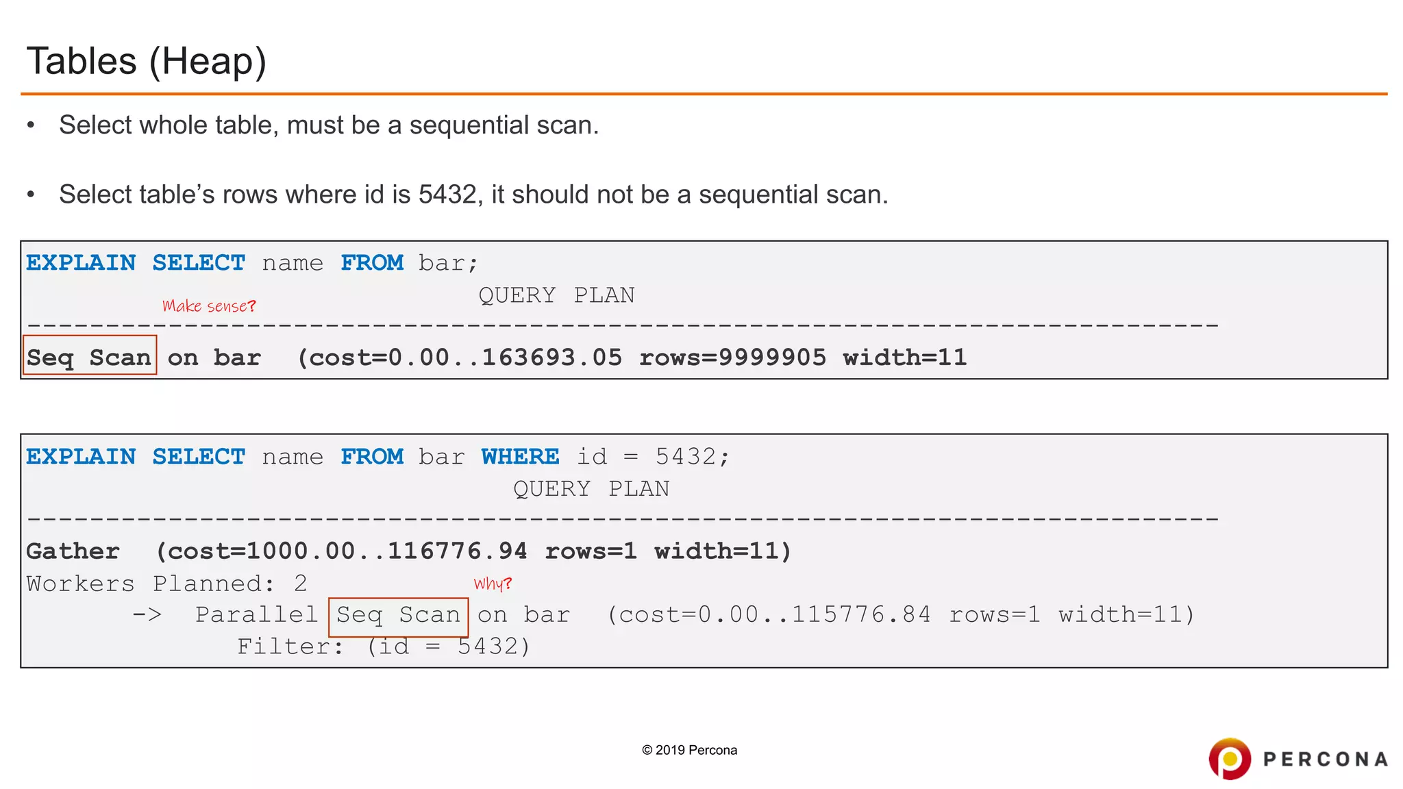 © 2019 Percona
EXPLAIN SELECT name FROM bar;
QUERY PLAN
----------------------------------------------------------------------------
Seq Scan on bar (cost=0.00..163693.05 rows=9999905 width=11
EXPLAIN SELECT name FROM bar WHERE id = 5432;
QUERY PLAN
----------------------------------------------------------------------------
Gather (cost=1000.00..116776.94 rows=1 width=11)
Workers Planned: 2
-> Parallel Seq Scan on bar (cost=0.00..115776.84 rows=1 width=11)
Filter: (id = 5432)
Tables (Heap)
• Select whole table, must be a sequential scan.
• Select table’s rows where id is 5432, it should not be a sequential scan.
Make sense?
Why?
 