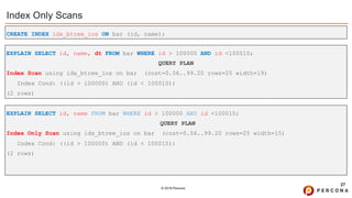© 2019 Percona
Index Only Scans
27
CREATE INDEX idx_btree_ios ON bar (id, name);
EXPLAIN SELECT id, name FROM bar WHERE id > 100000 AND id <100010;
QUERY PLAN
Index Only Scan using idx_btree_ios on bar (cost=0.56..99.20 rows=25 width=15)
Index Cond: ((id > 100000) AND (id < 100010))
(2 rows)
EXPLAIN SELECT id, name, dt FROM bar WHERE id > 100000 AND id <100010;
QUERY PLAN
Index Scan using idx_btree_ios on bar (cost=0.56..99.20 rows=25 width=19)
Index Cond: ((id > 100000) AND (id < 100010))
(2 rows)
 