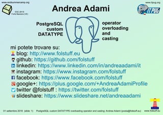 01 settembre 2018 PostgreSQL custom DATATYPE overloading operator and casting: Andrea Adami (posta@folstuff.eu)(slide: 1) www.folstuff.eu
www.itpug.orgwww.endsummercamp.org
ESC-2K18
Forte Bazzera (VE)
www.endsummercamp.orgwww.endsummercamp.org
1
Andrea Adami
mi potete trovare su:
blog: http://www.folstuff.eu
github: https://github.com/folstuff
linkedin: https://www.linkedin.com/in/andreaadami/it
instagram: https://www.instagram.com/folstuff
facebook: https://www.facebook.com/folstuff
google+: https://plus.google.com/+AndreaAdamiProfile
twitter @folstuff : https://twitter.com/folstuff
slideshare: https://www.slideshare.net/andreaadami
PostgreSQL
custom
DATATYPE
mi potete trovare su:
blog: http://www.folstuff.eu
github: https://github.com/folstuff
linkedin: https://www.linkedin.com/in/andreaadami/it
instagram: https://www.instagram.com/folstuff
facebook: https://www.facebook.com/folstuff
google+: https://plus.google.com/+AndreaAdamiProfile
twitter @folstuff : https://twitter.com/folstuff
slideshare: https://www.slideshare.net/andreaadami
mi potete trovare su:
blog: http://www.folstuff.eu
github: https://github.com/folstuff
linkedin: https://www.linkedin.com/in/andreaadami/it
instagram: https://www.instagram.com/folstuff
facebook: https://www.facebook.com/folstuff
google+: https://plus.google.com/+AndreaAdamiProfile
twitter @folstuff : https://twitter.com/folstuff
slideshare: https://www.slideshare.net/andreaadami
operator
overloading
and
casting
 