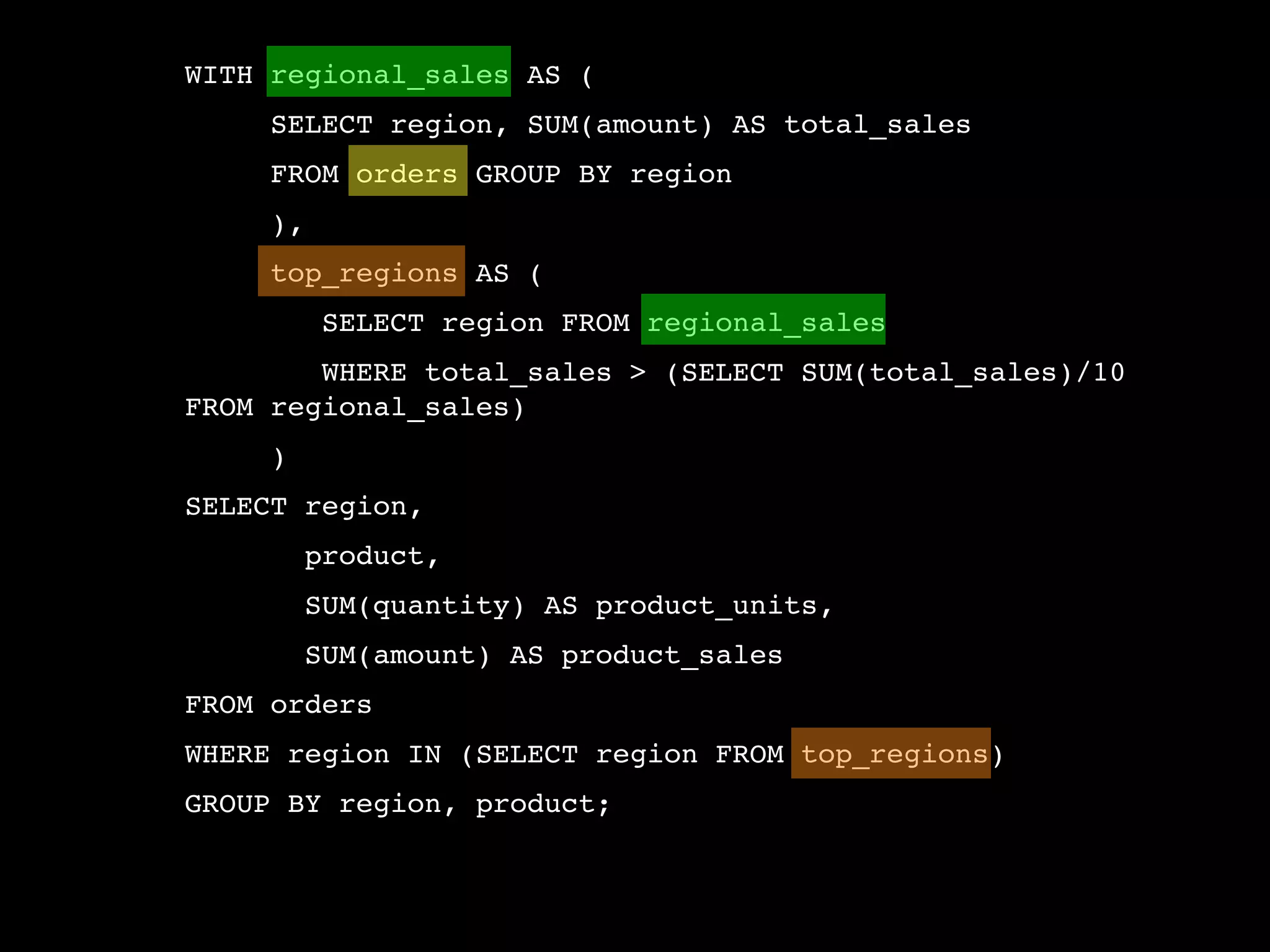 WITH regional_sales AS (
     SELECT region, SUM(amount) AS total_sales
     FROM orders GROUP BY region
     ),
     top_regions AS (
          SELECT region FROM regional_sales
        WHERE total_sales > (SELECT SUM(total_sales)/10
FROM regional_sales)
     )
SELECT region,
         product,
         SUM(quantity) AS product_units,
         SUM(amount) AS product_sales
FROM orders
WHERE region IN (SELECT region FROM top_regions)
GROUP BY region, product;
 