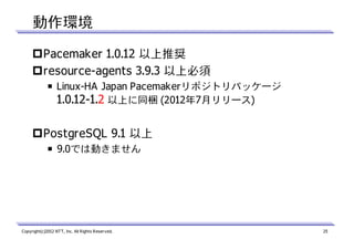 動作環境
Pacemaker 1.0.12 以上推奨
resource-agents 3.9.3 以上必須
￭ Linux-HA Japan Pacemakerリポジトリパッケージ
1.0.12-1.2 以上に同梱 (2012年7月リリース)

PostgreSQL 9.1 以上
￭ 9.0では動きません

Copyright(c)2012 NTT, Inc. All Rights Reserved.

25

 