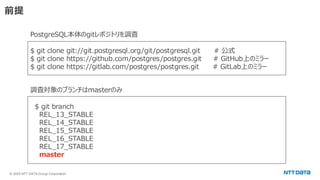 © 2025 NTT DATA Group Corporation
前提
$ git branch
REL_13_STABLE
REL_14_STABLE
REL_15_STABLE
REL_16_STABLE
REL_17_STABLE
master
調査対象のブランチはmasterのみ
$ git clone git://git.postgresql.org/git/postgresql.git # 公式
$ git clone https://github.com/postgres/postgres.git # GitHub上のミラー
$ git clone https://gitlab.com/postgres/postgres.git # GitLab上のミラー
PostgreSQL本体のgitレポジトリを調査
 