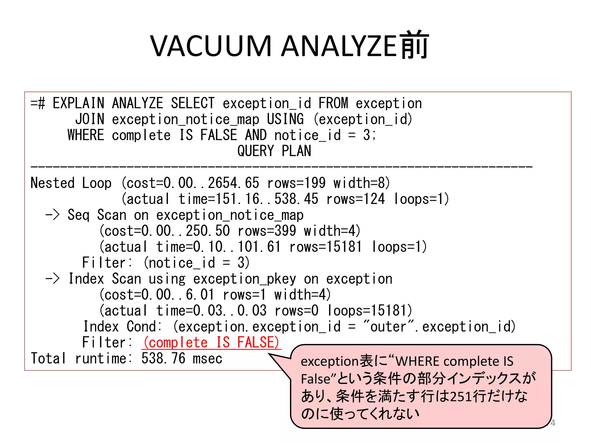 74 
VACUUM ANALYZE前 
=# EXPLAIN ANALYZE SELECT exception_id FROM exception 
JOIN exception_notice_map USING (exception_id) 
WHERE complete IS FALSE AND notice_id = 3; 
QUERY PLAN 
-------------------------------------------------------------------- 
Nested Loop (cost=0.00..2654.65 rows=199 width=8) 
(actual time=151.16..538.45 rows=124 loops=1) 
-> Seq Scan on exception_notice_map 
(cost=0.00..250.50 rows=399 width=4) 
(actual time=0.10..101.61 rows=15181 loops=1) 
Filter: (notice_id = 3) 
-> Index Scan using exception_pkey on exception 
(cost=0.00..6.01 rows=1 width=4) 
(actual time=0.03..0.03 rows=0 loops=15181) 
Index Cond: (exception.exception_id = "outer".exception_id) 
Filter: (complete IS FALSE) 
Total runtime: 538.76 msec exception表に“WHERE complete IS 
False”という条件の部分インデックスが 
あり、条件を満たす行は251行だけな 
のに使ってくれない 
 