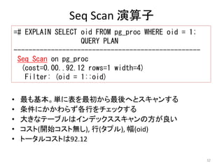 32 
Seq Scan 演算子 
=# EXPLAIN SELECT oid FROM pg_proc WHERE oid = 1; 
QUERY PLAN 
-------------------------------------------------- 
Seq Scan on pg_proc 
(cost=0.00..92.12 rows=1 width=4) 
Filter: (oid = 1::oid) 
• 最も基本。単に表を最初から最後へとスキャンする 
• 条件にかかわらず各行をチェックする 
• 大きなテーブルはインデックススキャンの方が良い 
• コスト(開始コスト無し), 行(タプル), 幅(oid) 
• トータルコストは92.12 
 