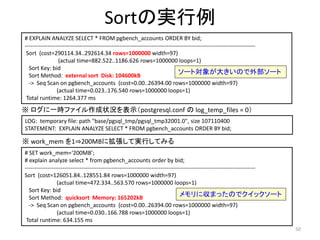 50 
Sortの実行例 
# EXPLAIN ANALYZE SELECT * FROM pgbench_accounts ORDER BY bid; 
-------------------------------------------------------------------------------------------------------------------------- 
Sort (cost=290114.34..292614.34 rows=1000000 width=97) 
(actual time=882.522..1186.626 rows=1000000 loops=1) 
Sort Key: bid 
Sort Method: external sort Disk: 104600kB 
-> Seq Scan on pgbench_accounts (cost=0.00..26394.00 rows=1000000 width=97) 
ソート対象が大きいので外部ソート 
(actual time=0.023..176.540 rows=1000000 loops=1) 
Total runtime: 1264.377 ms 
※ ログに一時ファイル作成状況を表示（postgresql.conf のlog_temp_files = 0） 
LOG: temporary file: path "base/pgsql_tmp/pgsql_tmp32001.0", size 107110400 
STATEMENT: EXPLAIN ANALYZE SELECT * FROM pgbench_accounts ORDER BY bid; 
※ work_mem を1⇒200MBに拡張して実行してみる 
# SET work_mem=‘200MB’; 
# explain analyze select * from pgbench_accounts order by bid; 
-------------------------------------------------------------------------------------------------------------------------- 
Sort (cost=126051.84..128551.84 rows=1000000 width=97) 
(actual time=472.334..563.570 rows=1000000 loops=1) 
Sort Key: bid 
Sort Method: quicksort Memory: 165202kB 
-> Seq Scan on pgbench_accounts (cost=0.00..26394.00 rows=1000000 width=97) 
メモリに収まったのでクイックソート 
(actual time=0.030..166.788 rows=1000000 loops=1) 
Total runtime: 634.155 ms 
 