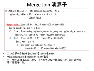 Merge Join 演算子 
# EXPLAIN SELECT * FROM pgbench_accounts AS a, 
pgbench_tellers AS t where a.aid = t.tid; 
QUERY PLAN 
--------------------------------------------------------------- 
Merge Join (cost=5.94..11.25 rows=100 width=449) 
Merge Cond: (a.aid = t.tid) 
-> Index Scan using pgbench_accounts_pkey on pgbench_accounts a 
(cost=0.42..39669.43 rows=1000000 width=97) 
-> Sort (cost=5.32..5.57 rows=100 width=352) 
Sort Key: t.tid 
-> Seq Scan on pgbench_tellers t 
(cost=0.00..2.00 rows=100 width=352) 
• 二つのデータセットをJOINする：outerとinner 
• Merge Right JoinとMerge In Joinがある 
• データセットはあらかじめソートされていなければならず、また両方同 
時に走査される。 
54 
 