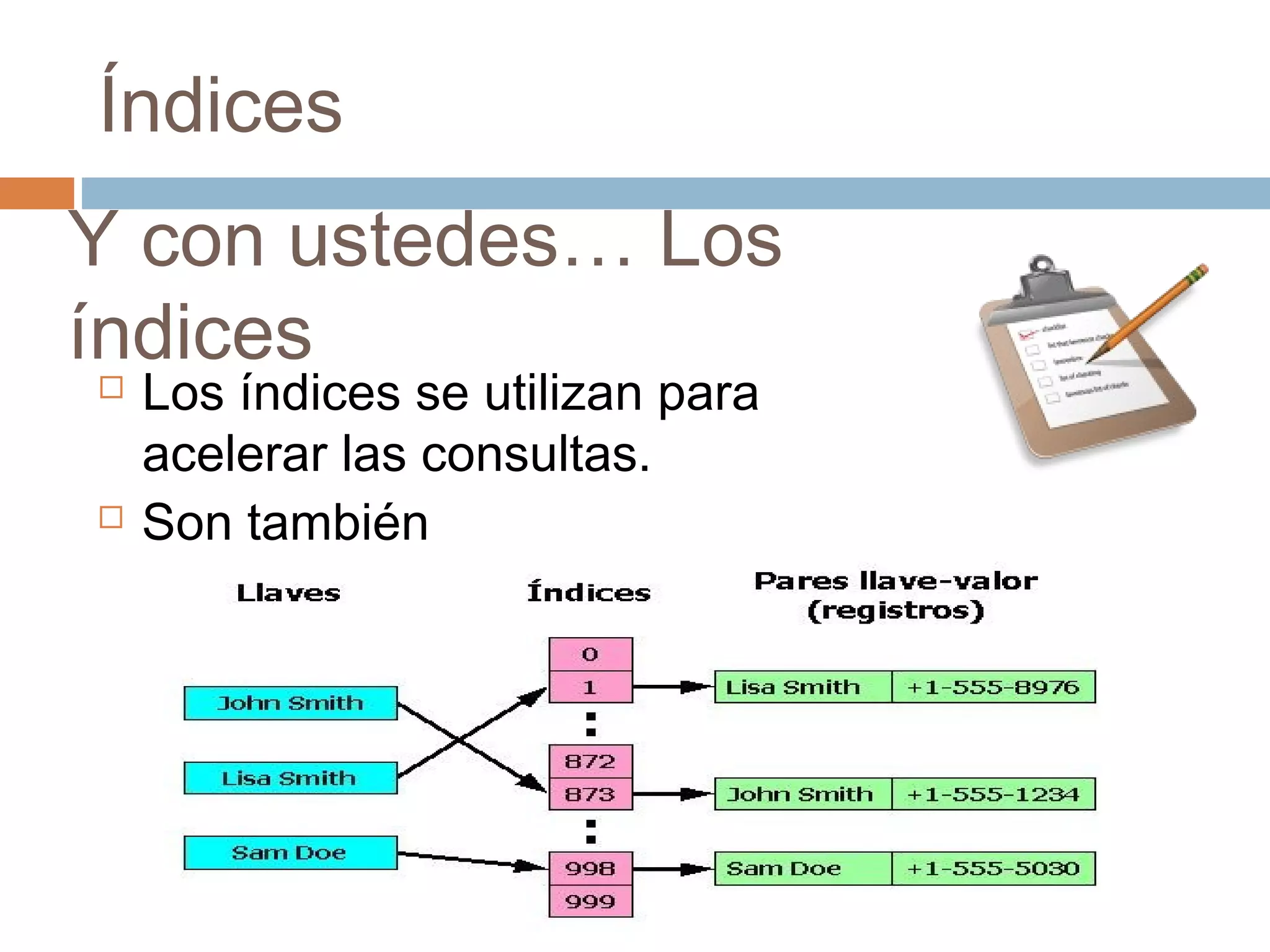 Índices
 Los índices se utilizan para
acelerar las consultas.
 Son también
archivos.
Y con ustedes… Los
índices
 