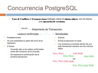 Concurrencia PostgreSQL
 Caso de Conflicto = 2 transacciones trabajan sobre el mismo objeto, con al menos
una operación de escritura.
Aislamiento de Transacción.
Solución
Lectura confirmada Serializable
 Predeterminada
 Ve una instantánea a partir del inicio de la
operación.
 2 Casos:
 Consulta sólo ve los datos confirmados
antes del comienzo de la consulta.
 Se esperará la confirmación de la
primera transacción.
 Estricto
 Emula la ejecución en serie.
 Los sucesivos comandos dentro de una
sola transacción siempre ven los mismos
datos.
 