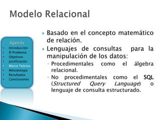    Basado en el concepto matemático
    Agenda              de relación.
•
•
    Introducción
    El Problema
                       Lenguajes de consultas para la
•   Objetivos           manipulación de los datos:
•   Justificación
•   Marco Teórico       ◦ Procedimentales como el álgebra
•   Metodología           relacional.
•   Resultados
•   Conclusiones        ◦ No procedimentales como el SQL
                          (Structured   Query     Language)  o
                          lenguaje de consulta estructurado.
 