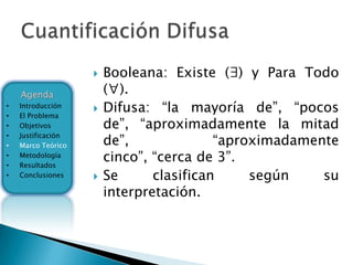    Booleana: Existe (∃) y Para Todo
    Agenda              (∀).
•
•
    Introducción
    El Problema
                       Difusa: “la mayoría de”, “pocos
•   Objetivos           de”, “aproximadamente la mitad
                        de”,              “aproximadamente
•   Justificación
•   Marco Teórico
•
•
    Metodología
    Resultados
                        cinco”, “cerca de 3”.
•   Conclusiones       Se      clasifican     según    su
                        interpretación.
 