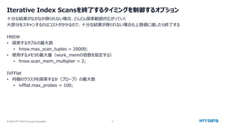 © 2024 NTT DATA Group Corporation 13
Iterative Index Scansを終了するタイミングを制御するオプション
十分な結果がなかなか得られない場合、どんどん探索範囲が広がっていく
大部分をスキャンするのはコストがかかるので、十分な結果が得られない場合も上限値に達したら終了する
HNSW
• 探索するタプルの最大数
• hnsw.max_scan_tuples = 20000;
• 使用するメモリの最大量（work_memの倍数を指定する）
• hnsw.scan_mem_multiplier = 2;
IVFFlat
• 何個のクラスタを探索するか（プローブ）の最大数
• ivfflat.max_probes = 100;
 