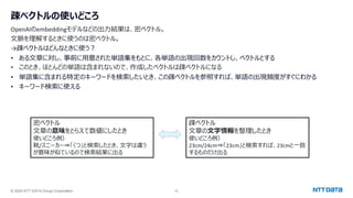 © 2024 NTT DATA Group Corporation 23
疎ベクトルの使いどころ
OpenAIのembeddingモデルなどの出力結果は、密ベクトル。
文脈を理解するときに使うのは密ベクトル。
→疎ベクトルはどんなときに使う？
• ある文章に対し、事前に用意された単語集をもとに、各単語の出現回数をカウントし、ベクトルとする
• このとき、ほとんどの単語は含まれないので、作成したベクトルは疎ベクトルになる
• 単語集に含まれる特定のキーワードを検索したいとき、この疎ベクトルを参照すれば、単語の出現頻度がすぐにわかる
• キーワード検索に使える
密ベクトル
文章の意味をとらえて数値にしたとき
使いどころ例）
靴/スニーカー⇒「くつ」と検索したとき、文字は違う
が意味が似ているので検索結果に出る
疎ベクトル
文章の文字情報を整理したとき
使いどころ例）
23cm/24cm⇒「23cm」と検索すれば、23cmと一致
するものだけ出る
 