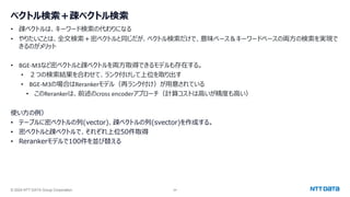 © 2024 NTT DATA Group Corporation 24
ベクトル検索＋疎ベクトル検索
• 疎ベクトルは、キーワード検索の代わりになる
• やりたいことは、全文検索＋密ベクトルと同じだが、ベクトル検索だけで、意味ベース＆キーワードベースの両方の検索を実現で
きるのがメリット
• BGE-M3など密ベクトルと疎ベクトルを両方取得できるモデルも存在する。
• ２つの検索結果を合わせて、ランク付けして上位を取り出す
• BGE-M3の場合はRerankerモデル（再ランク付け）が用意されている
• このRerankerは、前述のcross encoderアプローチ（計算コストは高いが精度も高い）
使い方の例）
• テーブルに密ベクトルの列(vector)、疎ベクトルの列(svector)を作成する。
• 密ベクトルと疎ベクトルで、それぞれ上位50件取得
• Rerankerモデルで100件を並び替える
 
