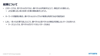 © 2024 NTT DATA Group Corporation 27
結果について
• このケースでは、密ベクトルだけでなく、疎ベクトルを考慮することで、順位が入れ替わった。
• より正解に近い答えを持つ文章の類似度が上がった。
• キーワードが重要な場合、疎ベクトルとのハイブリッド検索は有用である可能性あり
• しかし…色々な文章で試したところ、疎ベクトルと密ベクトルの順位が逆転しないケースも多かった
• ケースによっては、密ベクトルだけで十分というケースもある
 